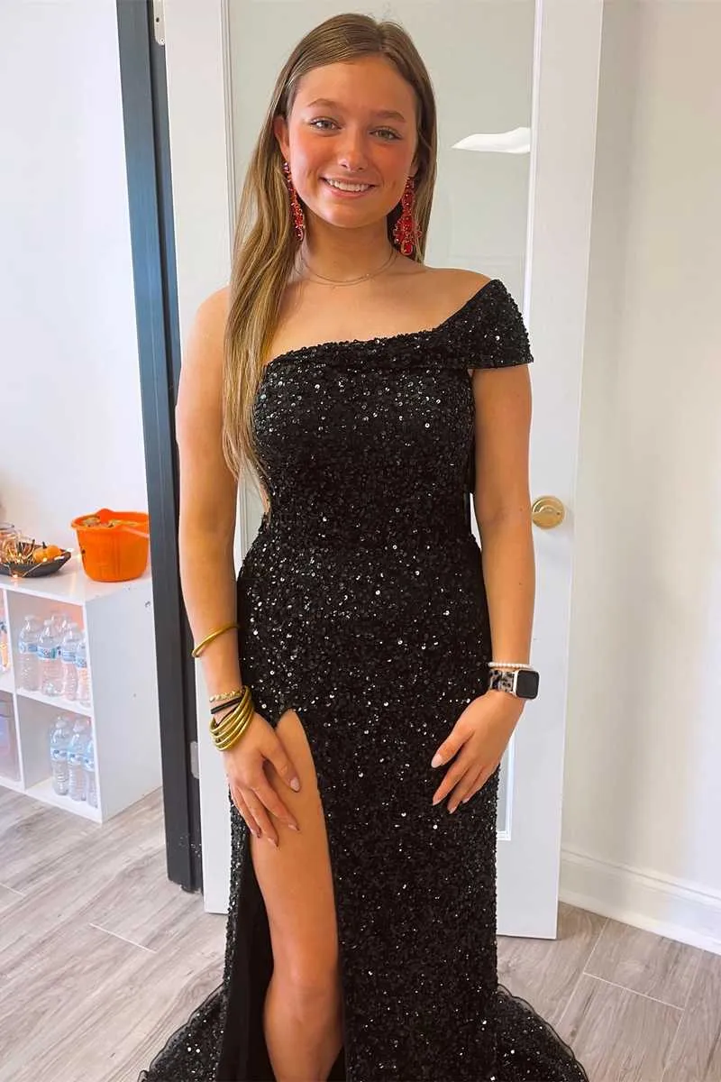 Black One Shoulder Cap Sleeve Sequined Long Party Dress
