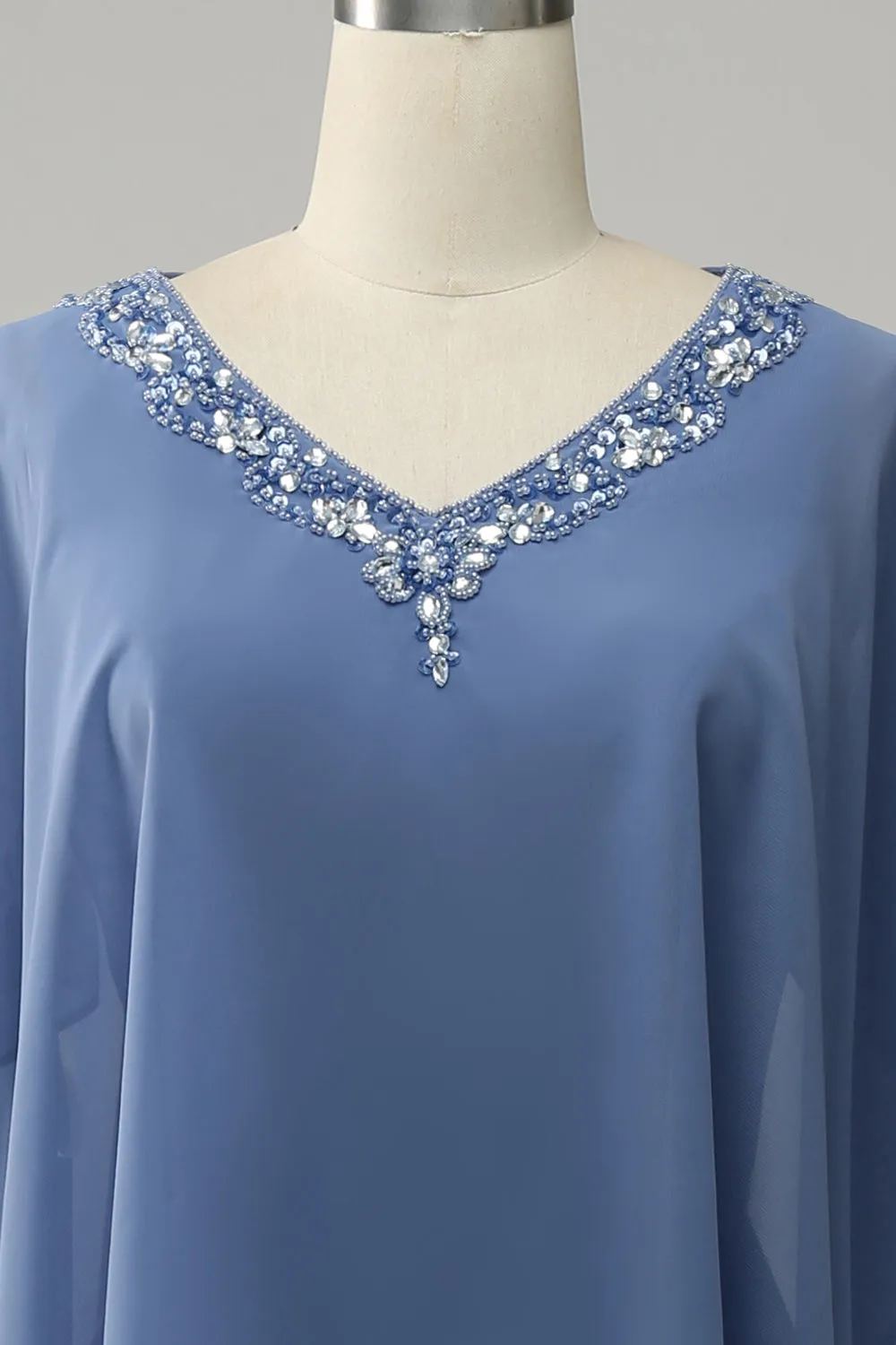 Blue Draped Sleeves Beaded Chiffon Long Mother of the Bride Dress