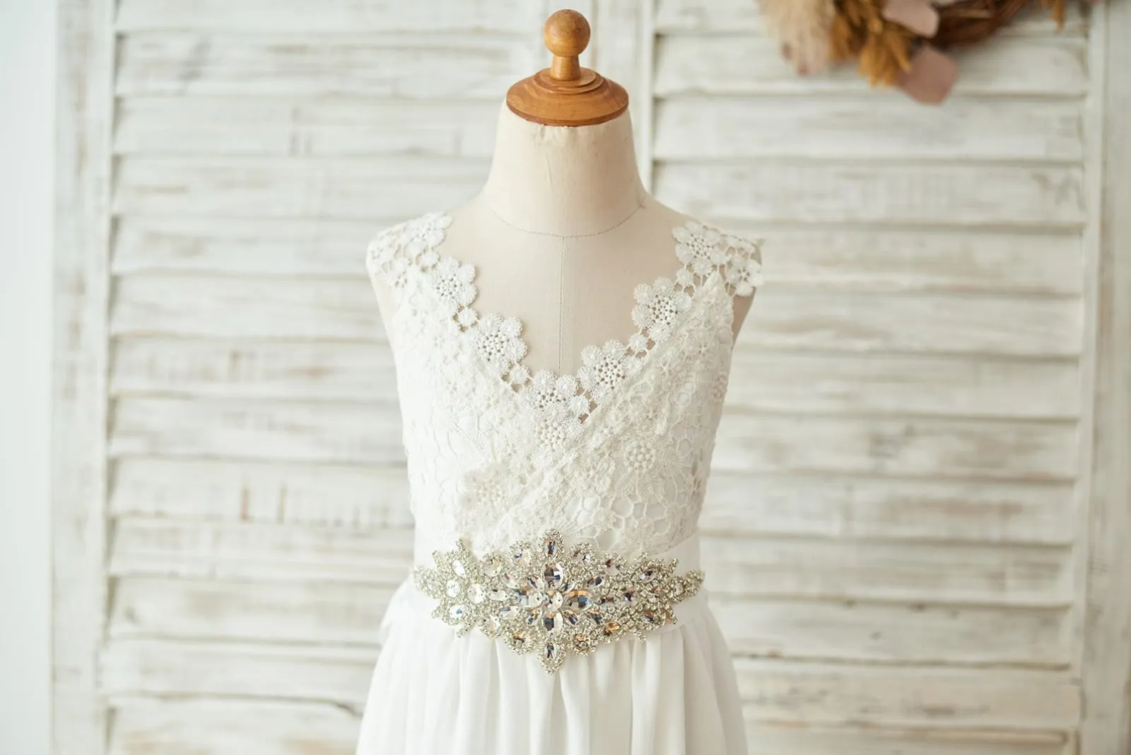 Boho Beach Lace Chiffon Backless Long Wedding Flower Girl Dress, Belt