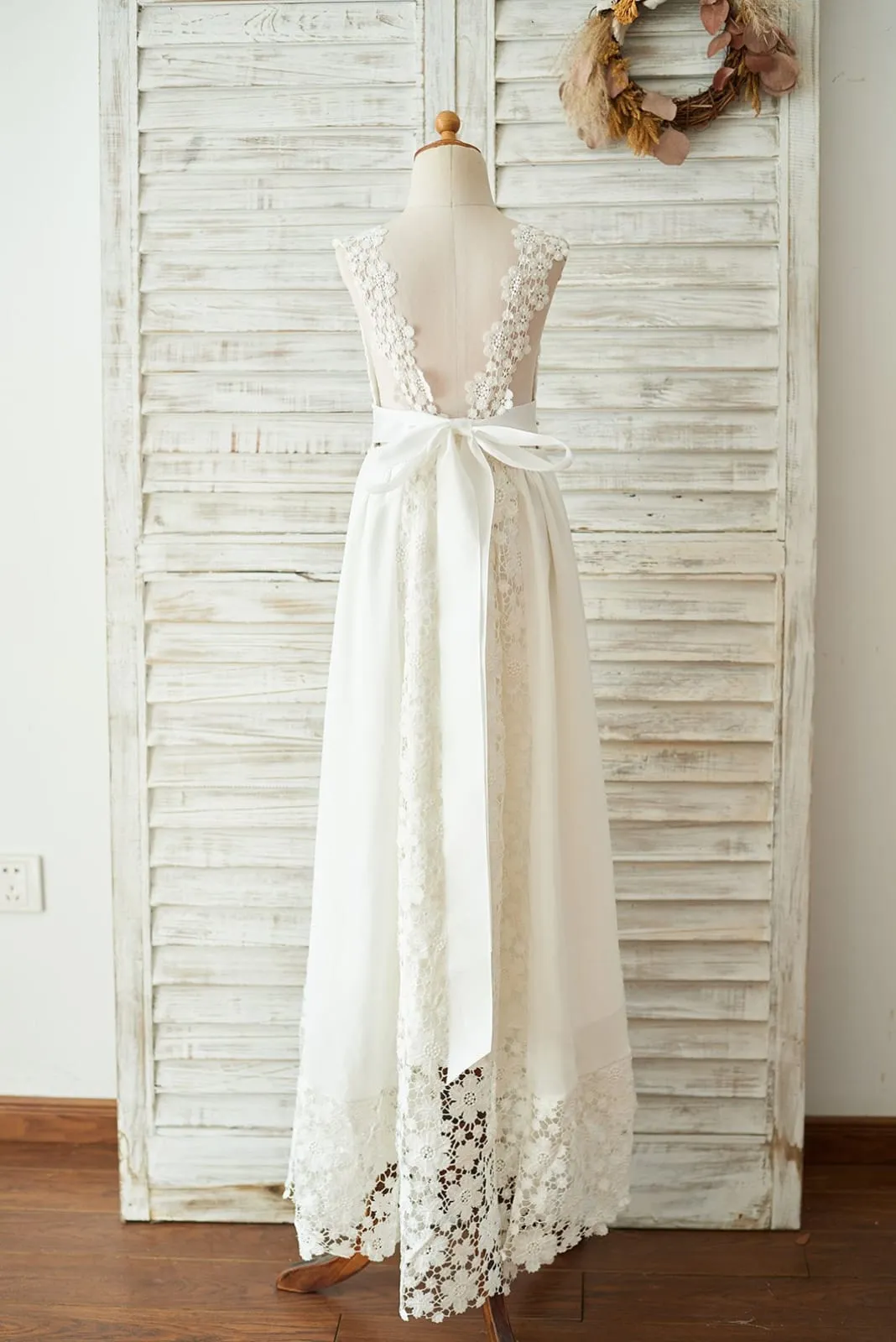 Boho Beach Lace Chiffon Backless Long Wedding Flower Girl Dress, Belt