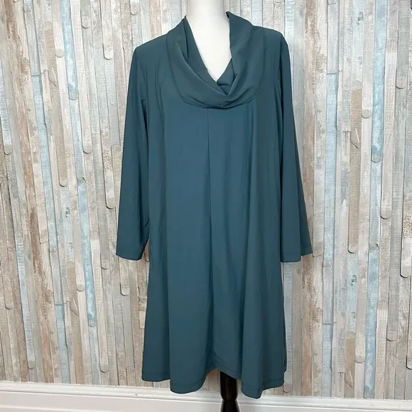 Bryn Walker M Teal Green Draped Cowl Neck Tunic Dress Boho Lagenlook $168