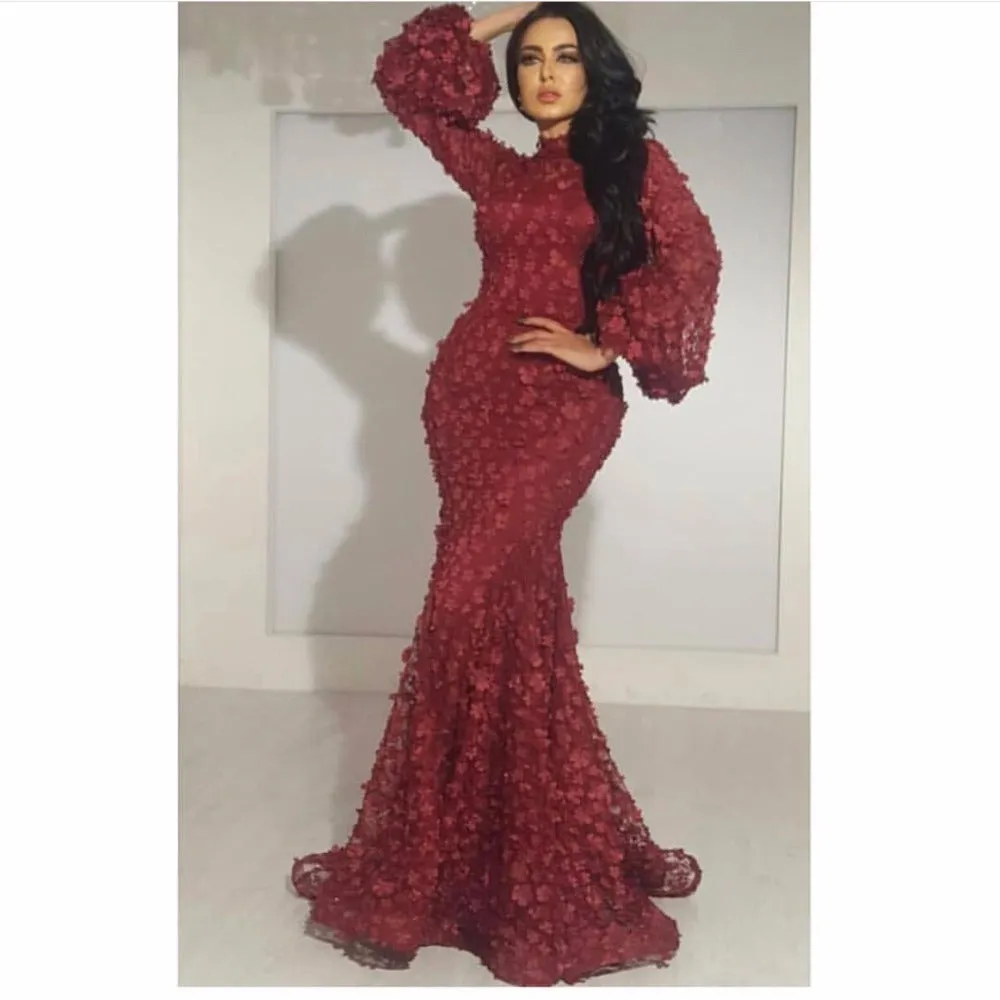 Burgundy evening dresses 2020 high neck lace 3D flowers elegant evening gown formal dress