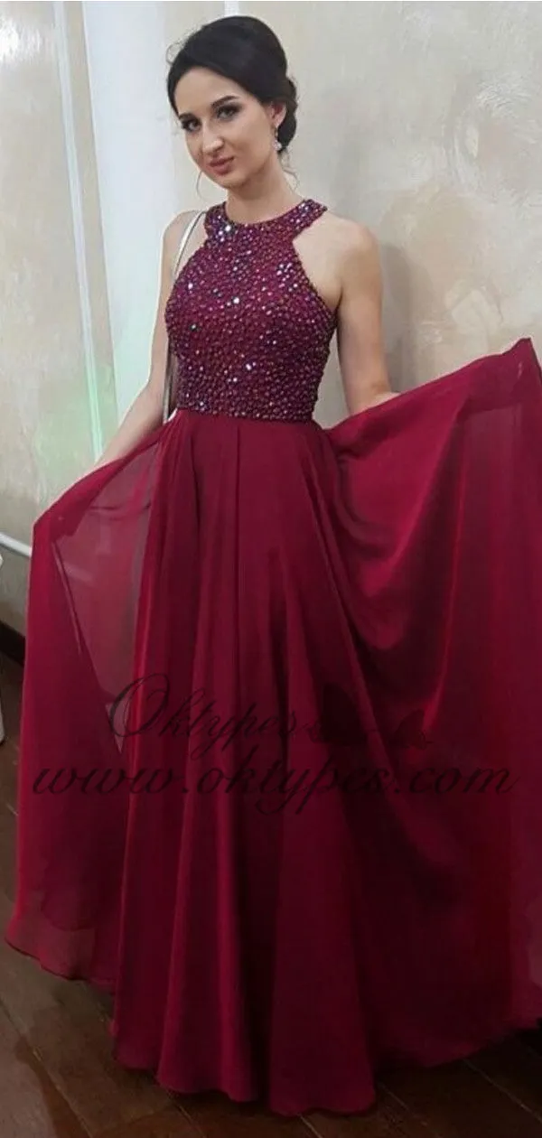 Burgundy Halter Formal Top Beaded Long Chiffon Prom Evening Dresses, TYP1513