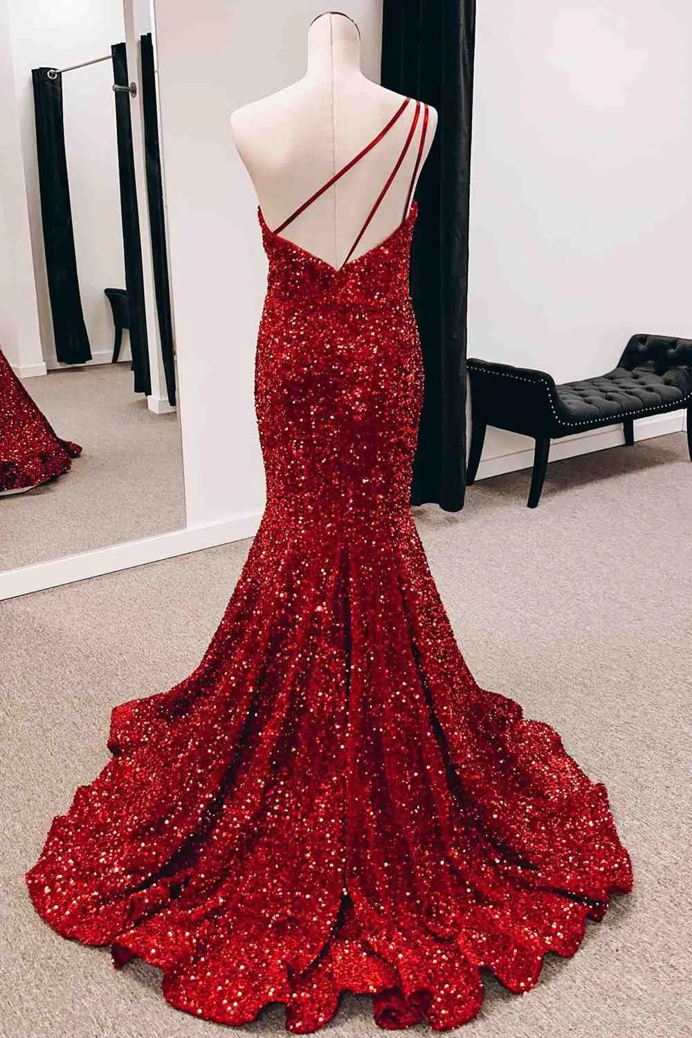 Burgundy One Shoulder Mermiad Sequins Backless Long Prom Dress