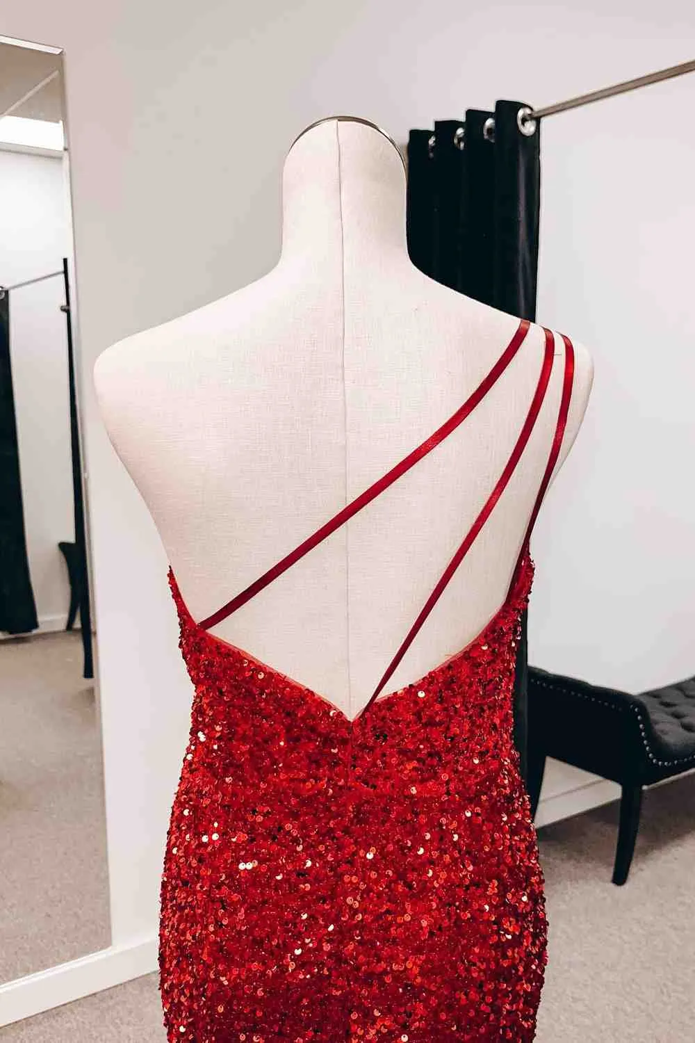 Burgundy One Shoulder Mermiad Sequins Backless Long Prom Dress