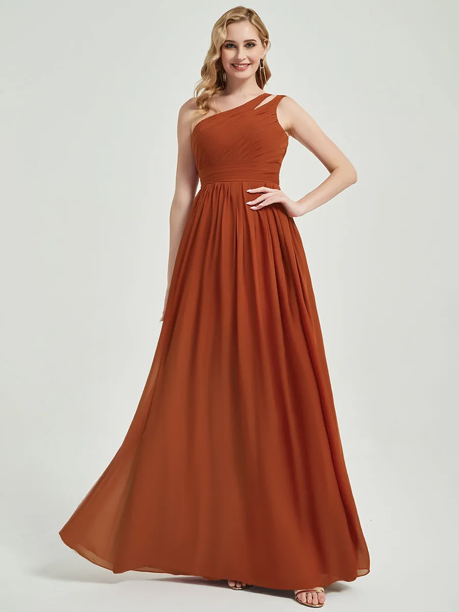 Burnt Orange One Shoulder A-Line Floor Length Chiffon Bridesmaid Dress