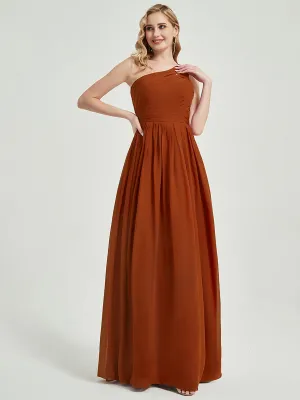 Burnt Orange One Shoulder A-Line Floor Length Chiffon Bridesmaid Dress