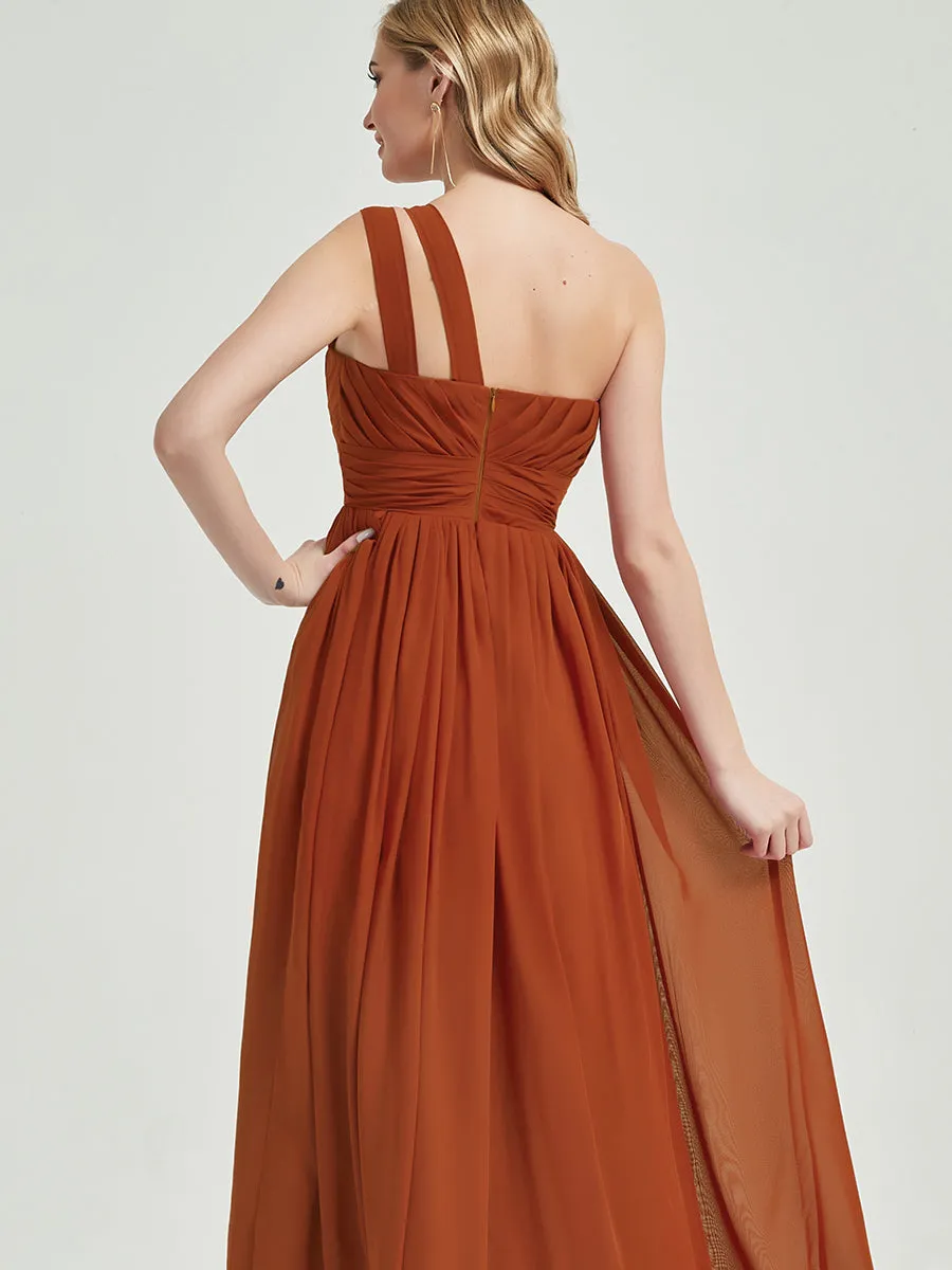 Burnt Orange One Shoulder A-Line Floor Length Chiffon Bridesmaid Dress