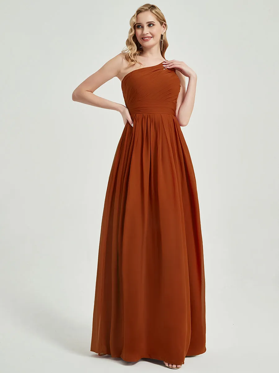 Burnt Orange One Shoulder A-Line Floor Length Chiffon Bridesmaid Dress