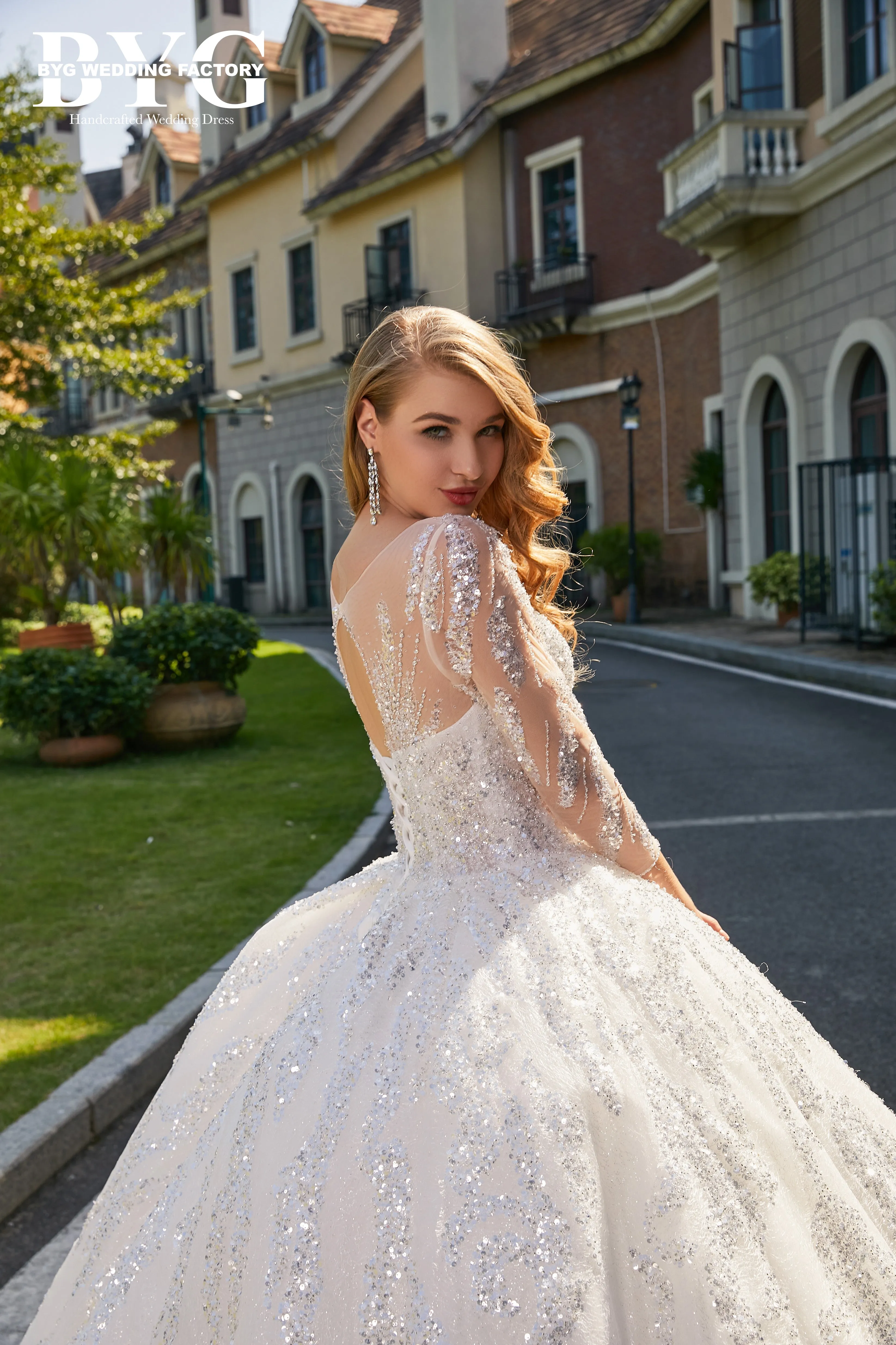 BYG #L205 gorgeous heavy beadings long sleeves ball gown