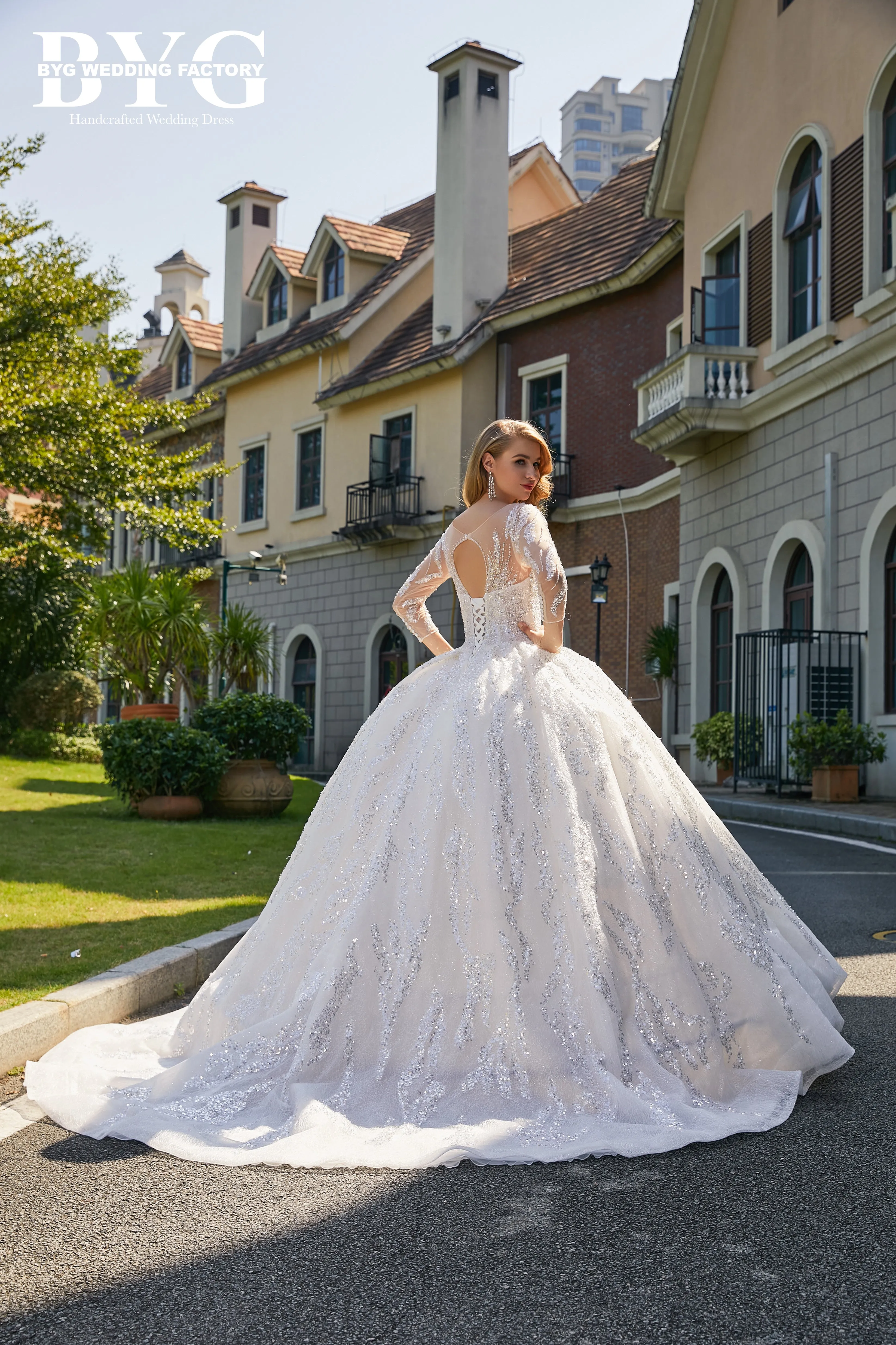 BYG #L205 gorgeous heavy beadings long sleeves ball gown