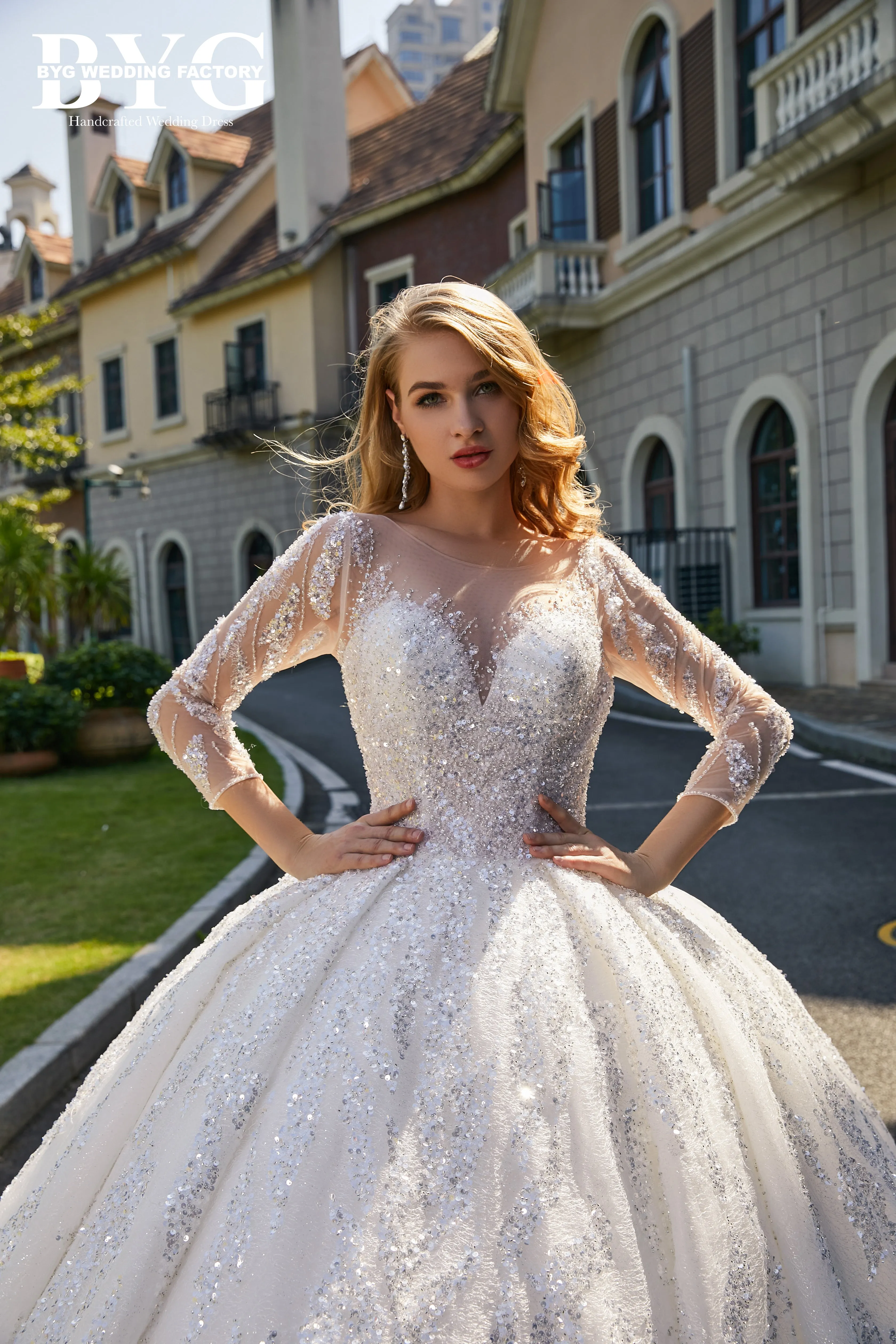 BYG #L205 gorgeous heavy beadings long sleeves ball gown