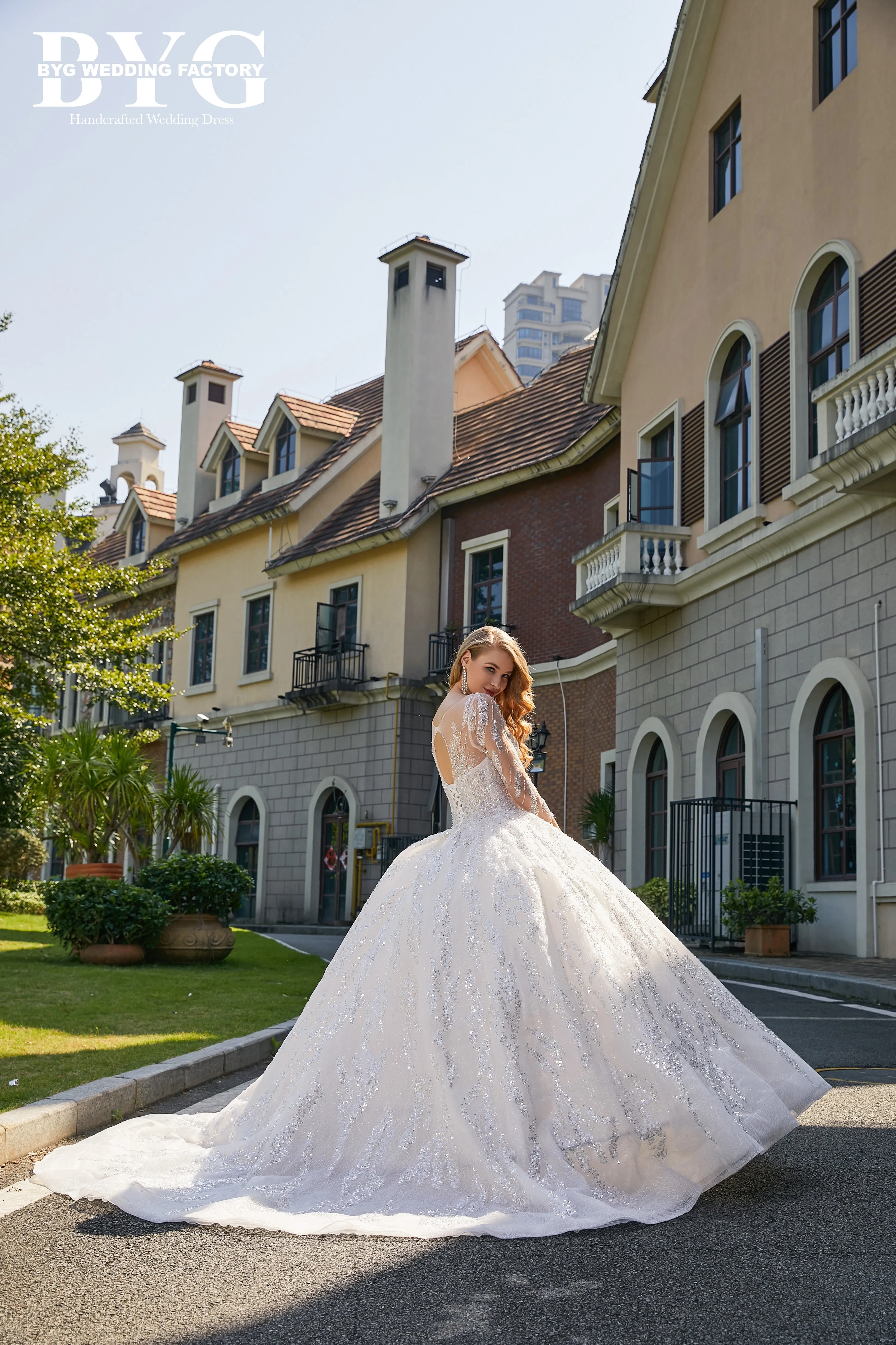 BYG #L205 gorgeous heavy beadings long sleeves ball gown