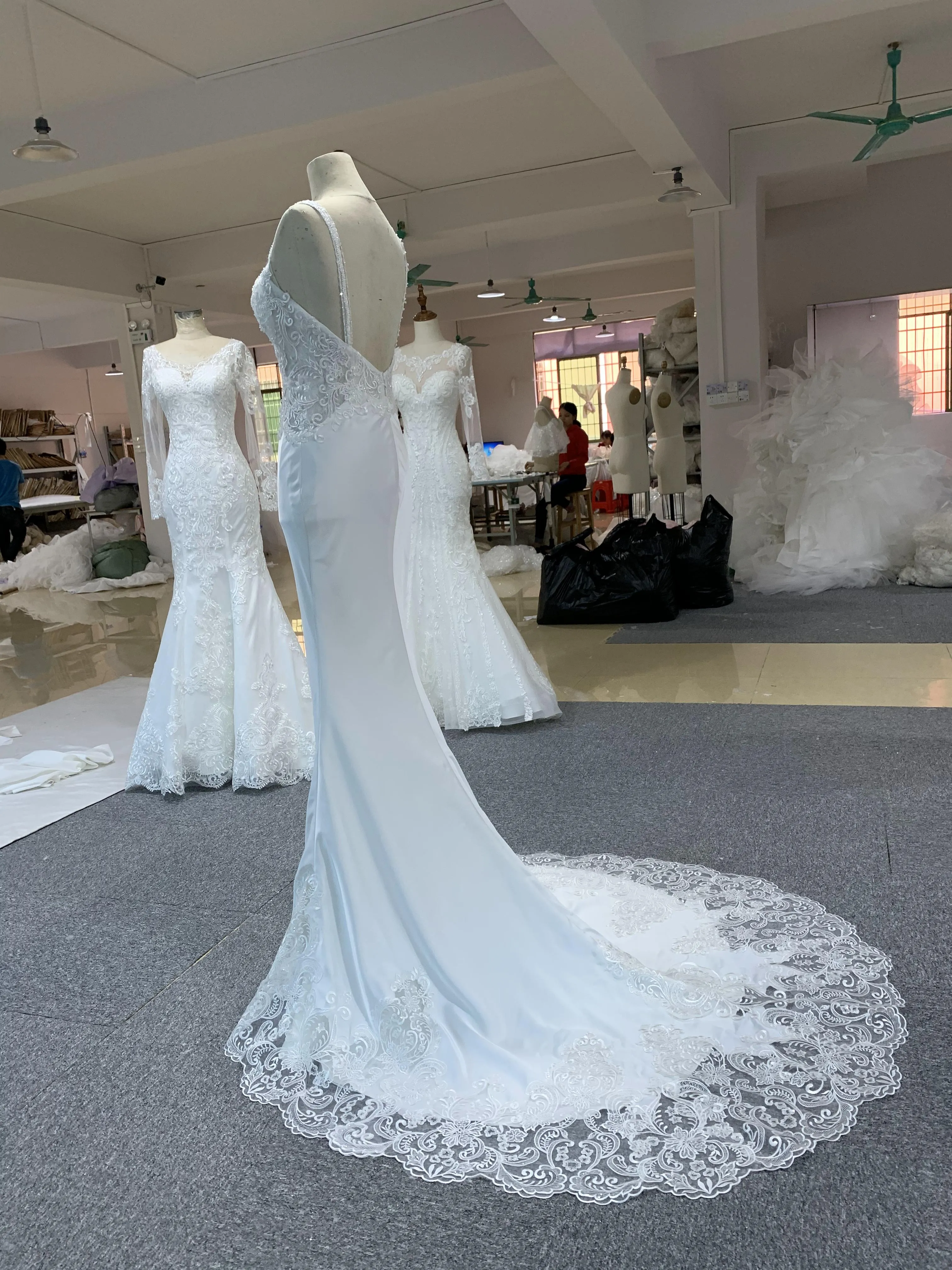 BYG lace satin mermaid dress white color