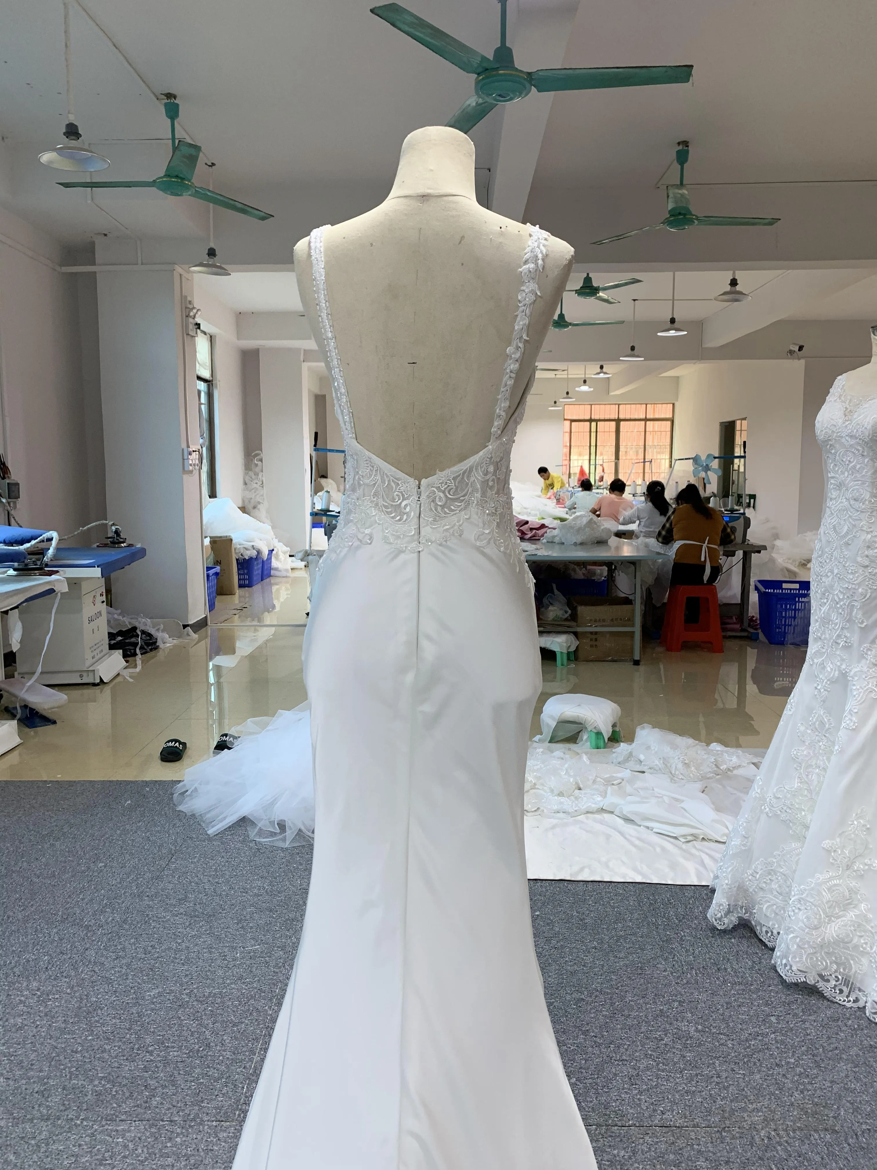 BYG lace satin mermaid dress white color