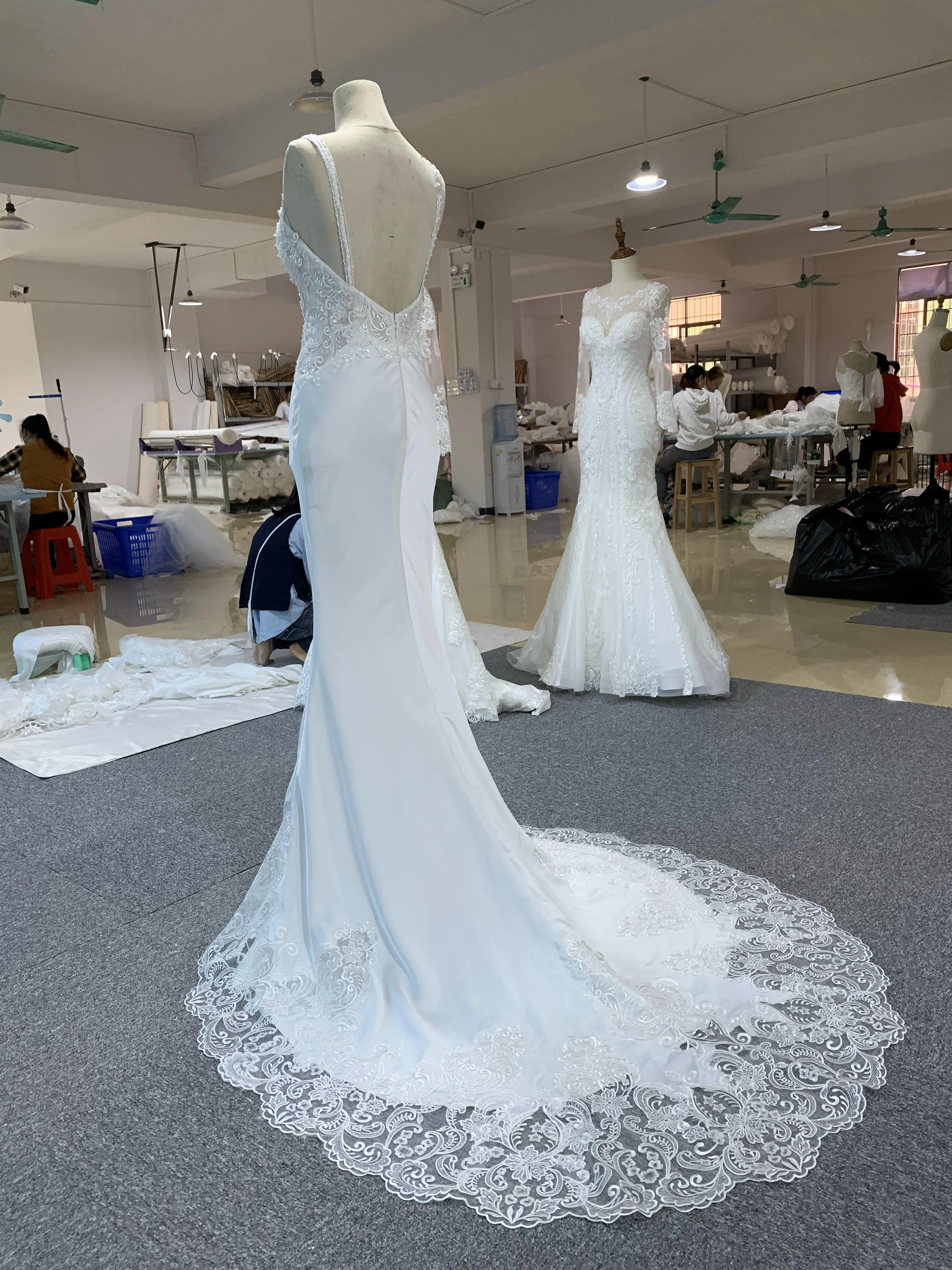 BYG lace satin mermaid dress white color