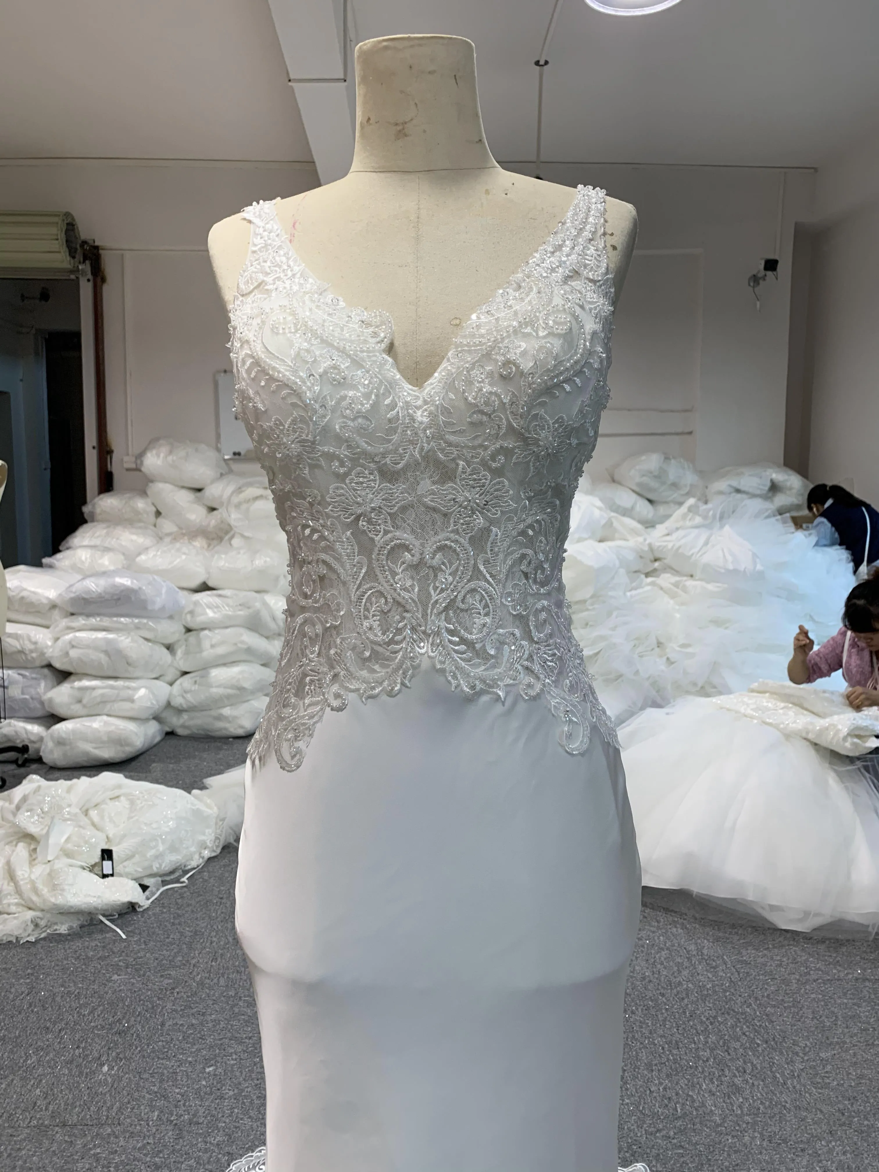 BYG lace satin mermaid dress white color