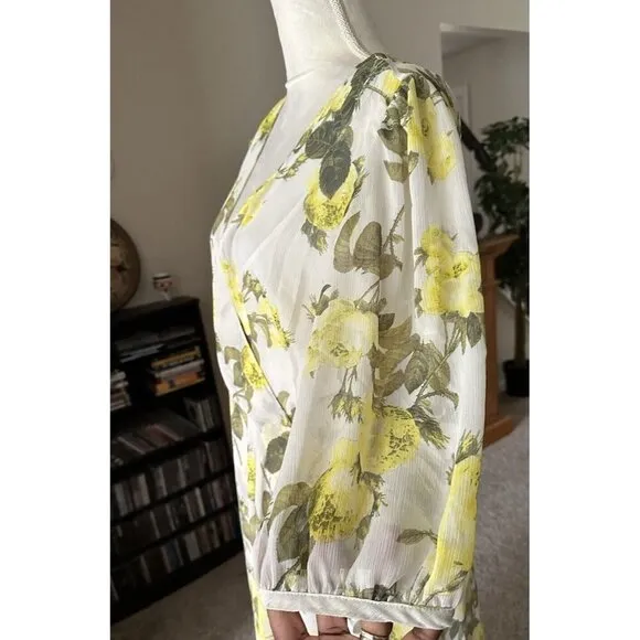 CALVIN KLEIN Women’s Lemon Print Deep V Neck Maxi Hi Low Dress 3/4 Sleeve Sz 14