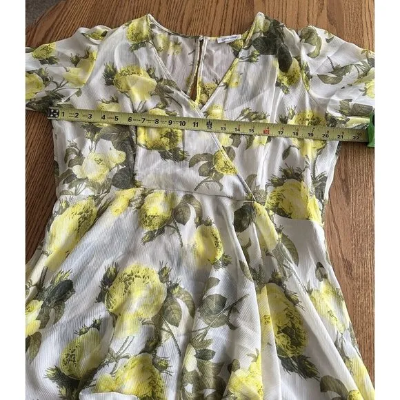 CALVIN KLEIN Women’s Lemon Print Deep V Neck Maxi Hi Low Dress 3/4 Sleeve Sz 14