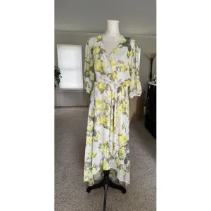 CALVIN KLEIN Women’s Lemon Print Deep V Neck Maxi Hi Low Dress 3/4 Sleeve Sz 14