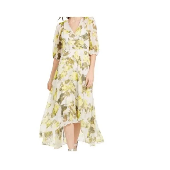 CALVIN KLEIN Women’s Lemon Print Deep V Neck Maxi Hi Low Dress 3/4 Sleeve Sz 14