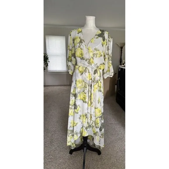 CALVIN KLEIN Women’s Lemon Print Deep V Neck Maxi Hi Low Dress 3/4 Sleeve Sz 14