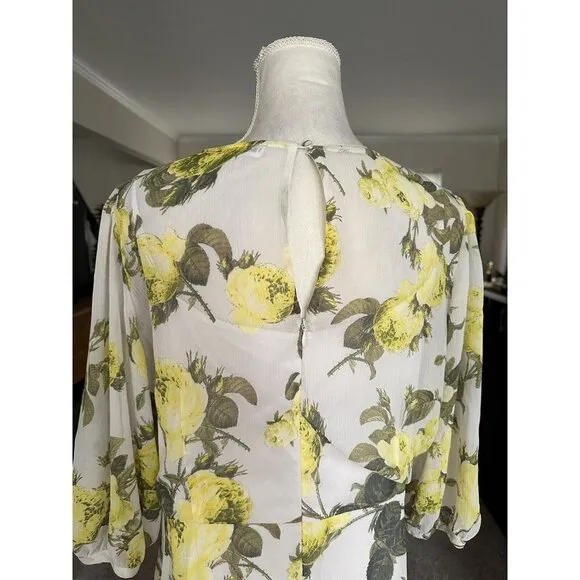 CALVIN KLEIN Women’s Lemon Print Deep V Neck Maxi Hi Low Dress 3/4 Sleeve Sz 14