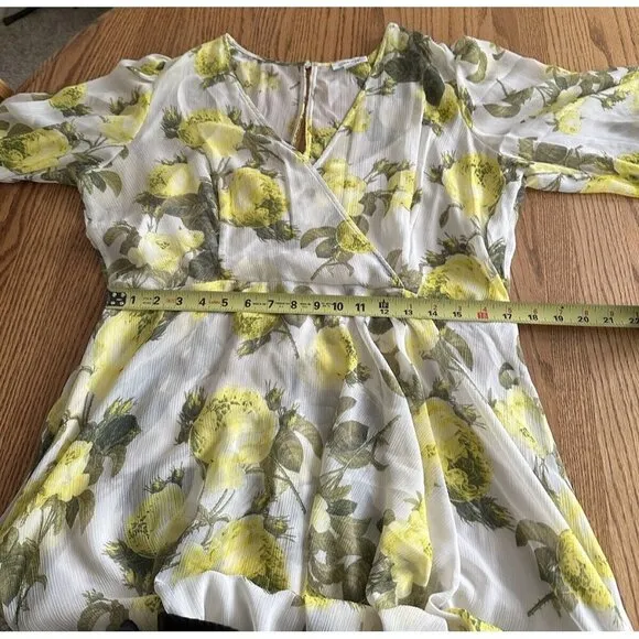 CALVIN KLEIN Women’s Lemon Print Deep V Neck Maxi Hi Low Dress 3/4 Sleeve Sz 14