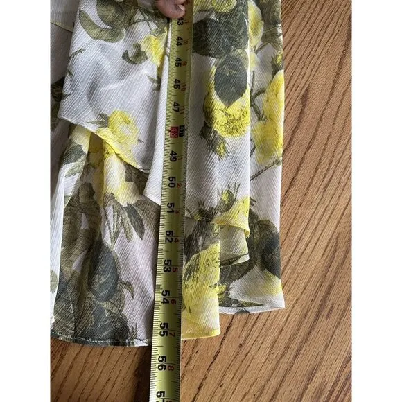 CALVIN KLEIN Women’s Lemon Print Deep V Neck Maxi Hi Low Dress 3/4 Sleeve Sz 14