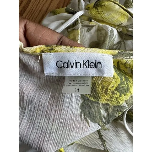 CALVIN KLEIN Women’s Lemon Print Deep V Neck Maxi Hi Low Dress 3/4 Sleeve Sz 14
