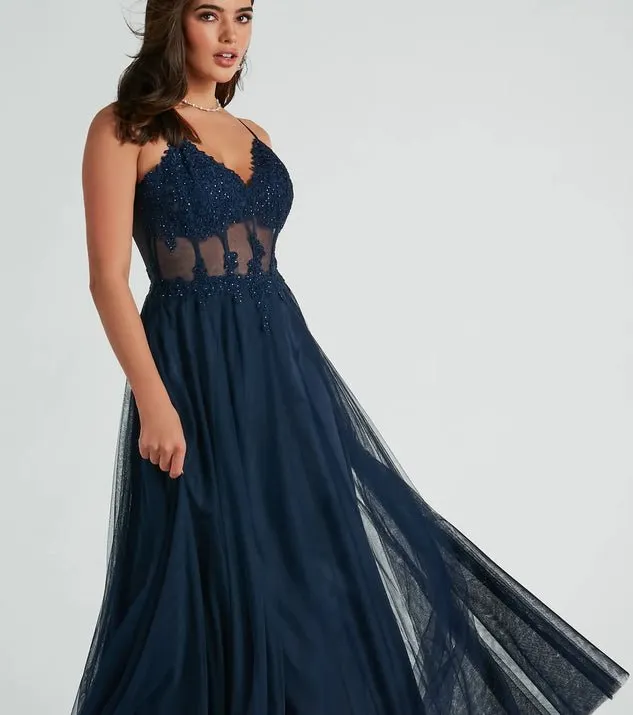 Carlise Navy tulle and lace corset ball dress Express NZ wide