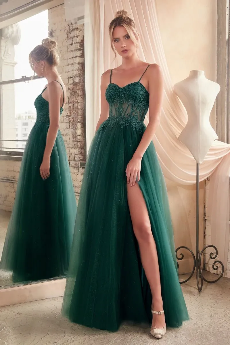 CD C150 - Lace Over Layered Tulle A-Line Prom Gown with Lace Up Corset Back & Leg Slit