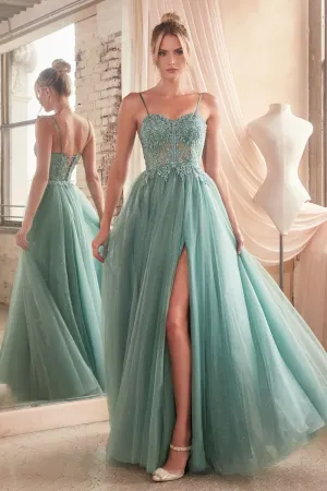 CD C150 - Lace Over Layered Tulle A-Line Prom Gown with Lace Up Corset Back & Leg Slit