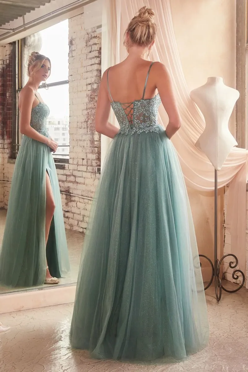 CD C150 - Lace Over Layered Tulle A-Line Prom Gown with Lace Up Corset Back & Leg Slit