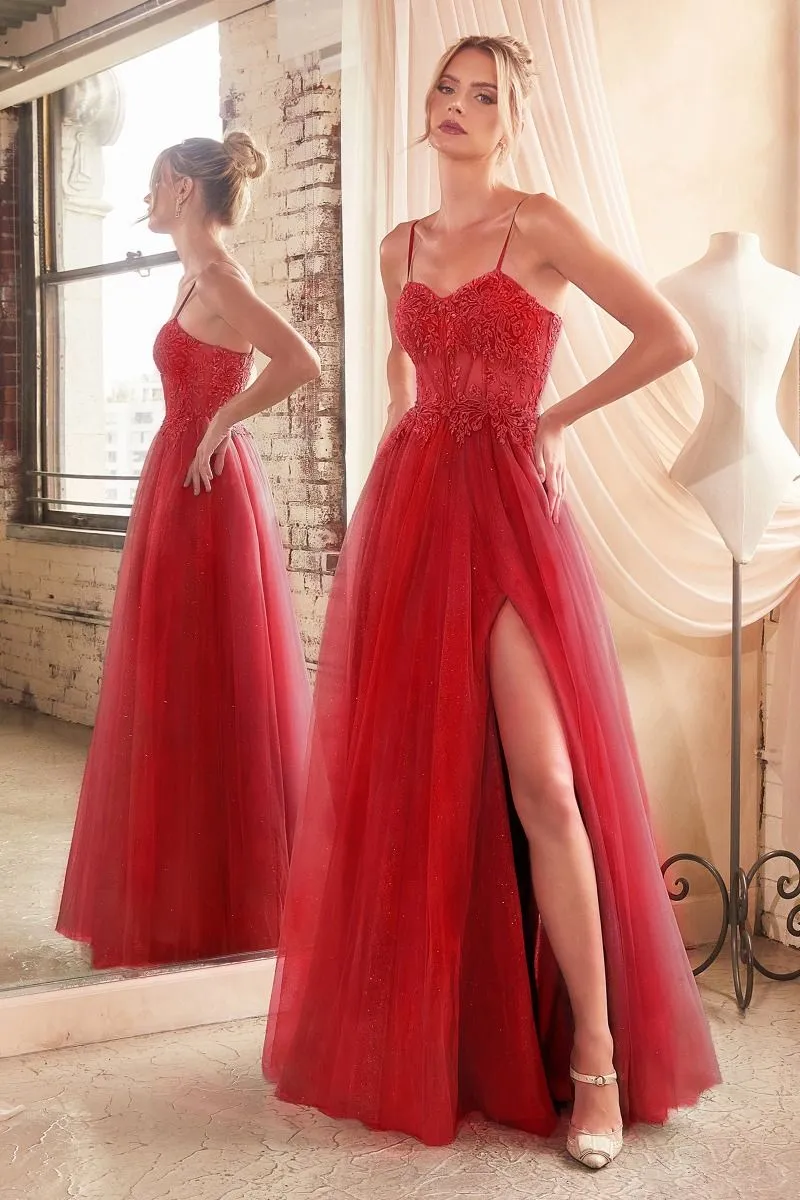 CD C150 - Lace Over Layered Tulle A-Line Prom Gown with Lace Up Corset Back & Leg Slit