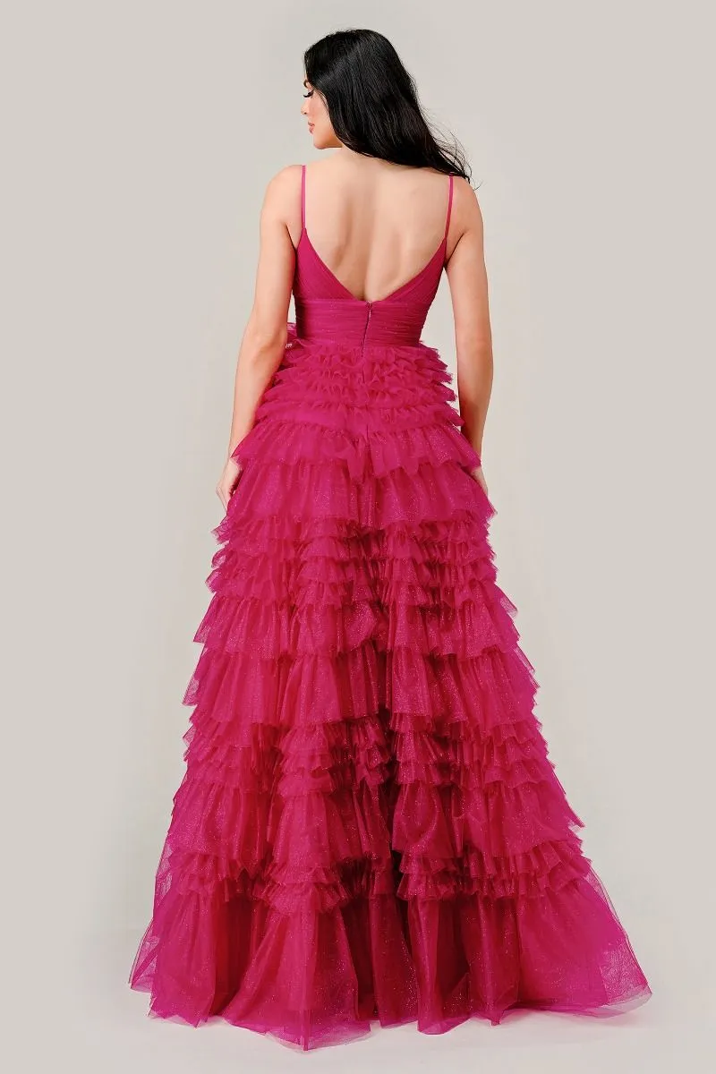 CD C156 - Glitter Tulle A-Line Prom Gown with Fitted Gathered Waist Deep V-Neck & Layered Ruffled Skirt