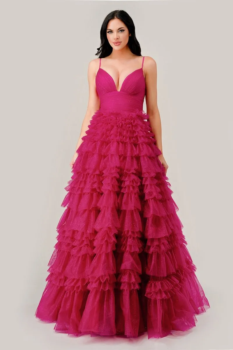 CD C156 - Glitter Tulle A-Line Prom Gown with Fitted Gathered Waist Deep V-Neck & Layered Ruffled Skirt
