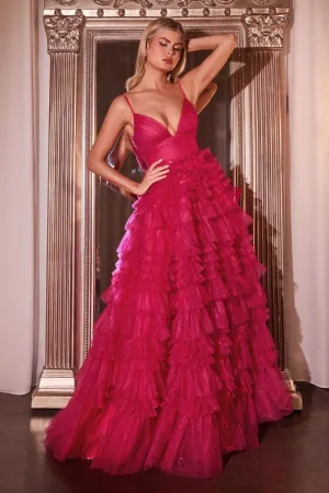 CD C156 - Glitter Tulle A-Line Prom Gown with Fitted Gathered Waist Deep V-Neck & Layered Ruffled Skirt