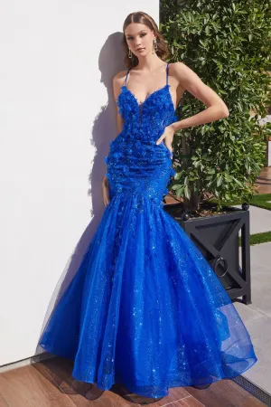 CD CM328 - Shimmer Tulle 3D Floral Appliqué Mermaid Prom Gown  with Open Corset Back