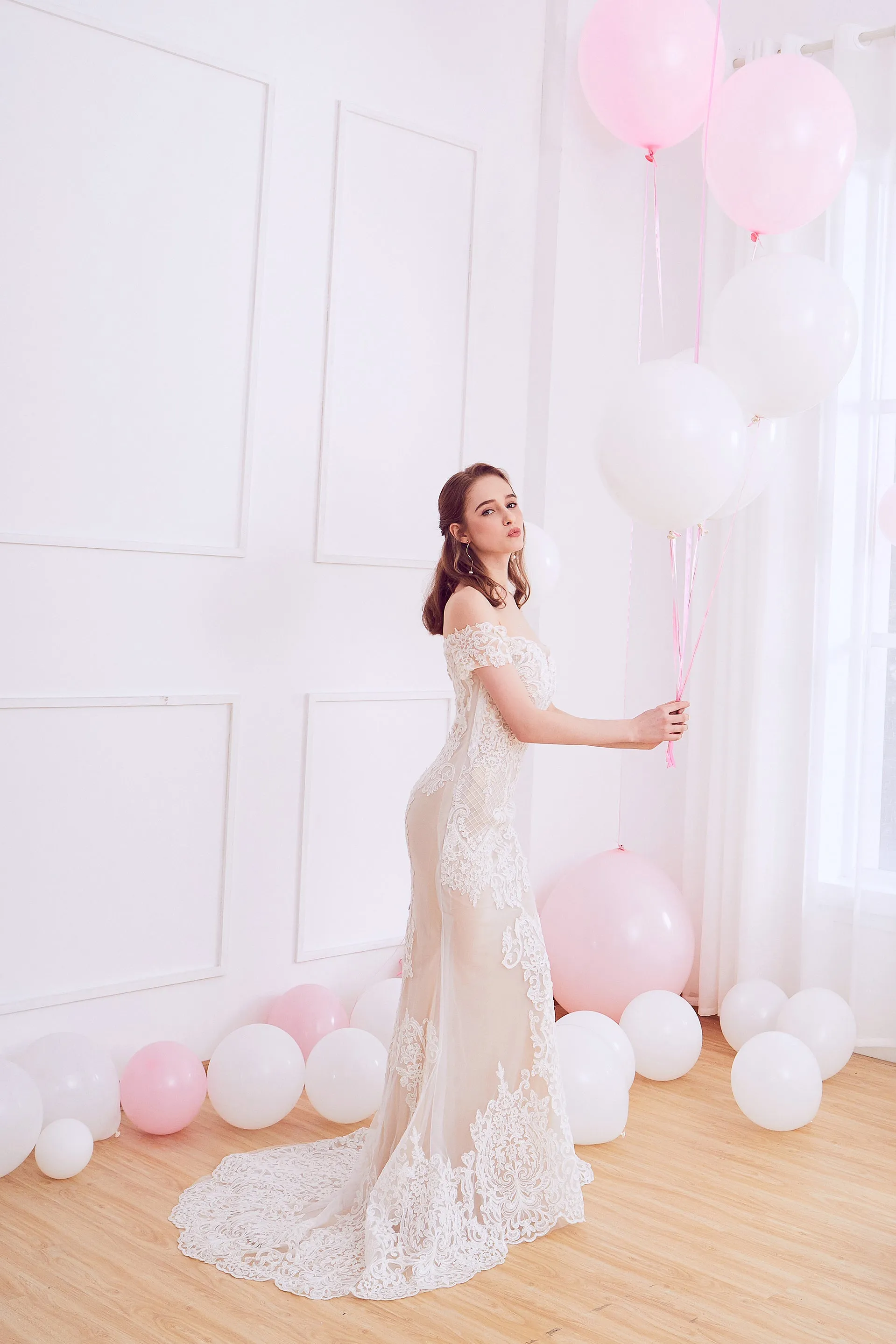 Cecile - Selena Huan beaded off-the-shoulder embroidery Venice lace fit-and-flare gown