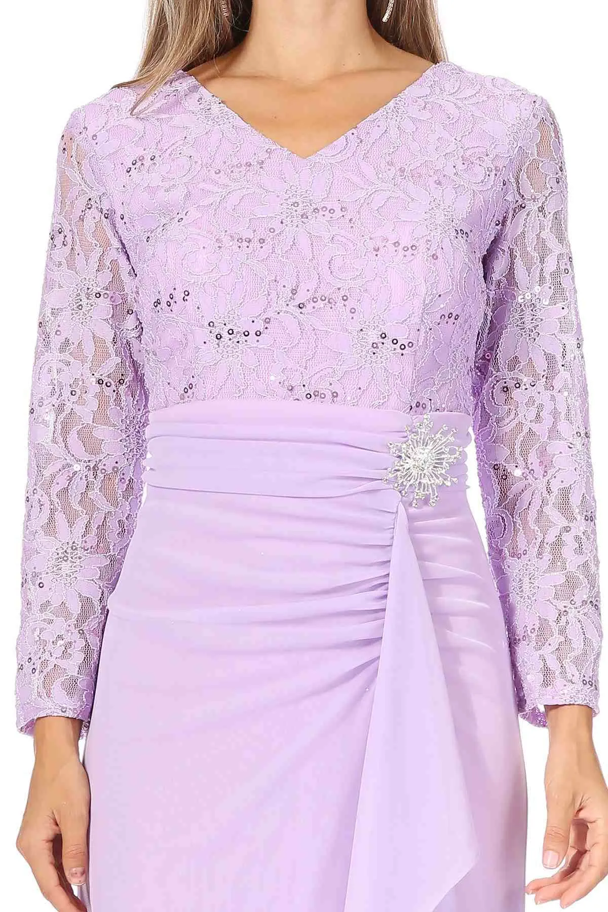 Celavie 6549-L Lace Long Sleeve V-Neck Ruffled Dress with Brooch