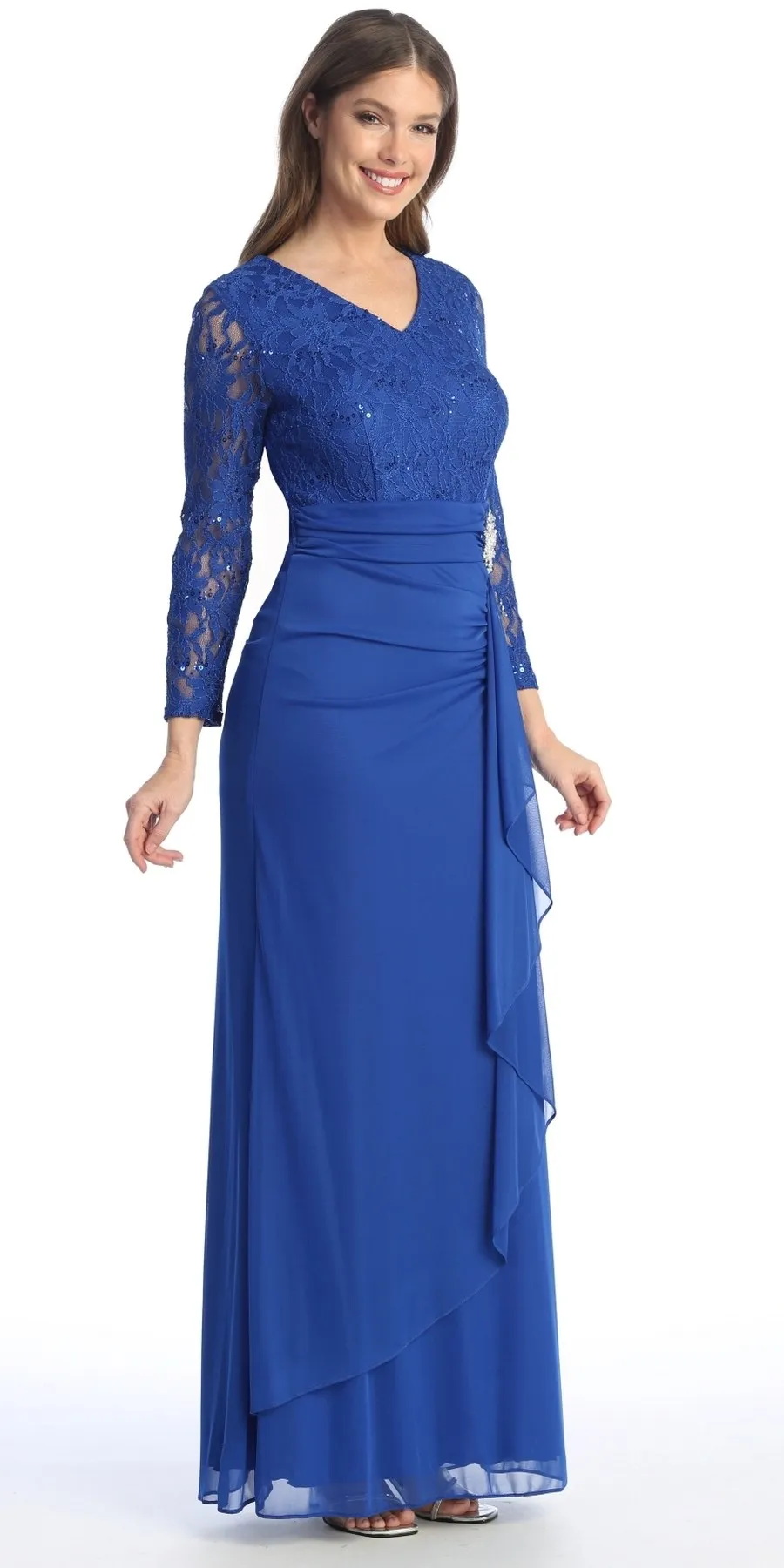 Celavie 6549-L Lace Long Sleeve V-Neck Ruffled Dress with Brooch