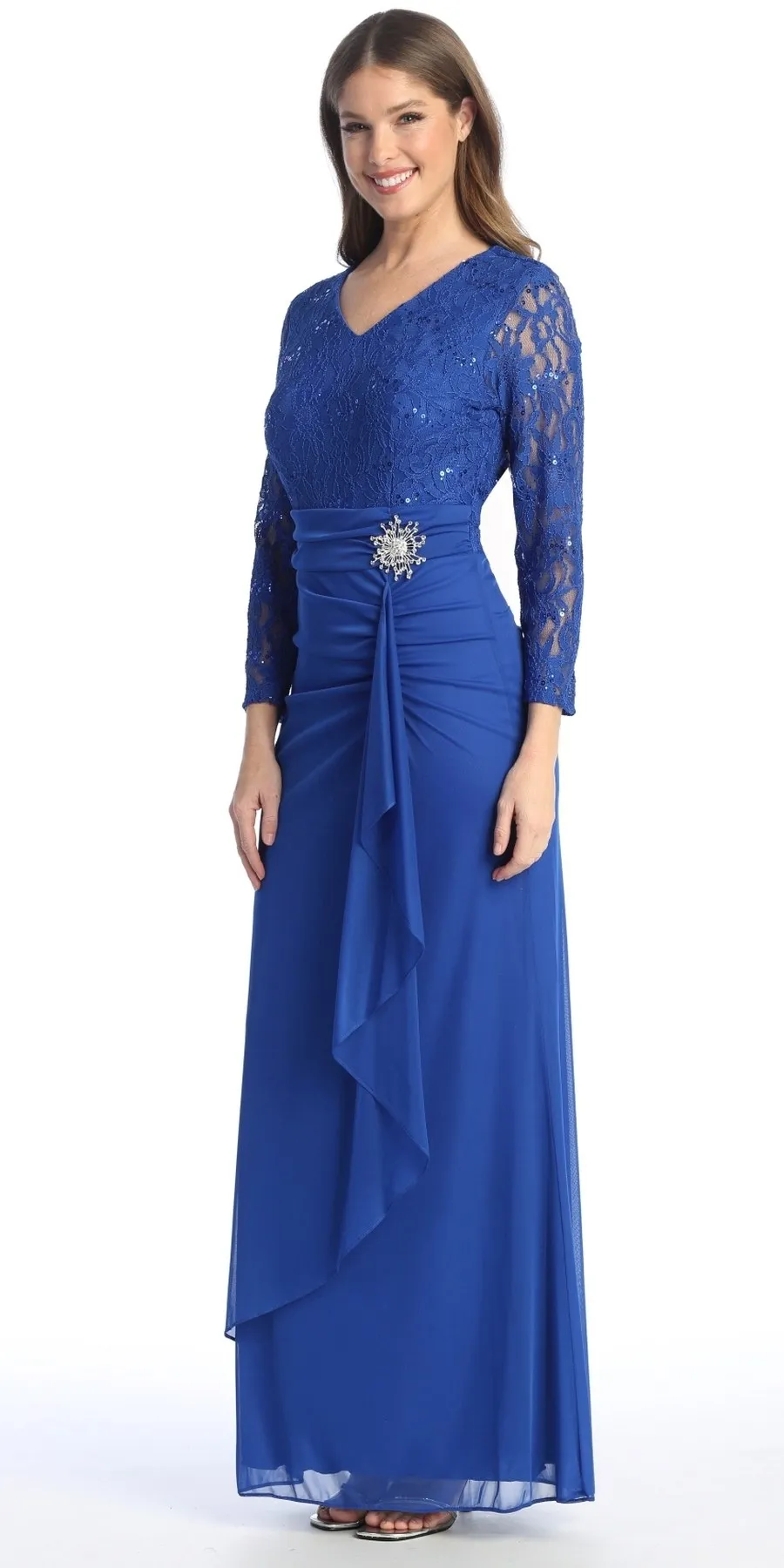 Celavie 6549-L Lace Long Sleeve V-Neck Ruffled Dress with Brooch