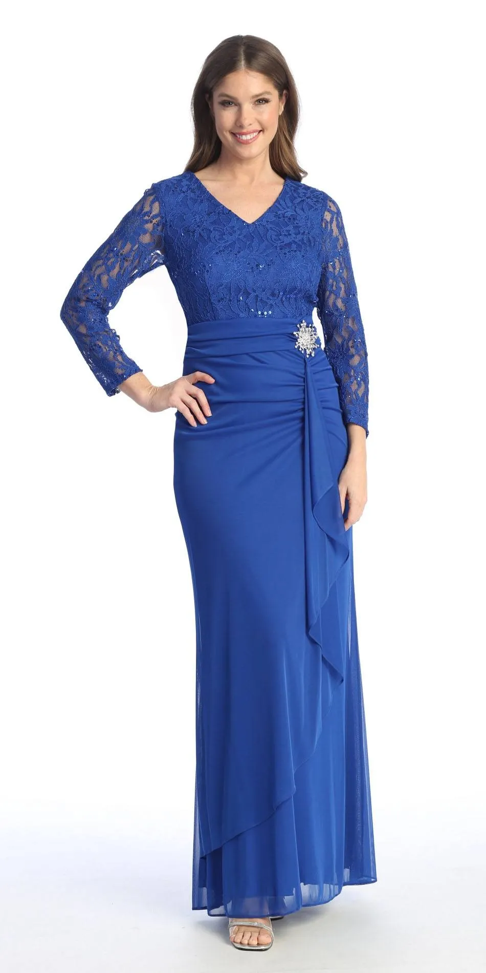 Celavie 6549-L Lace Long Sleeve V-Neck Ruffled Dress with Brooch