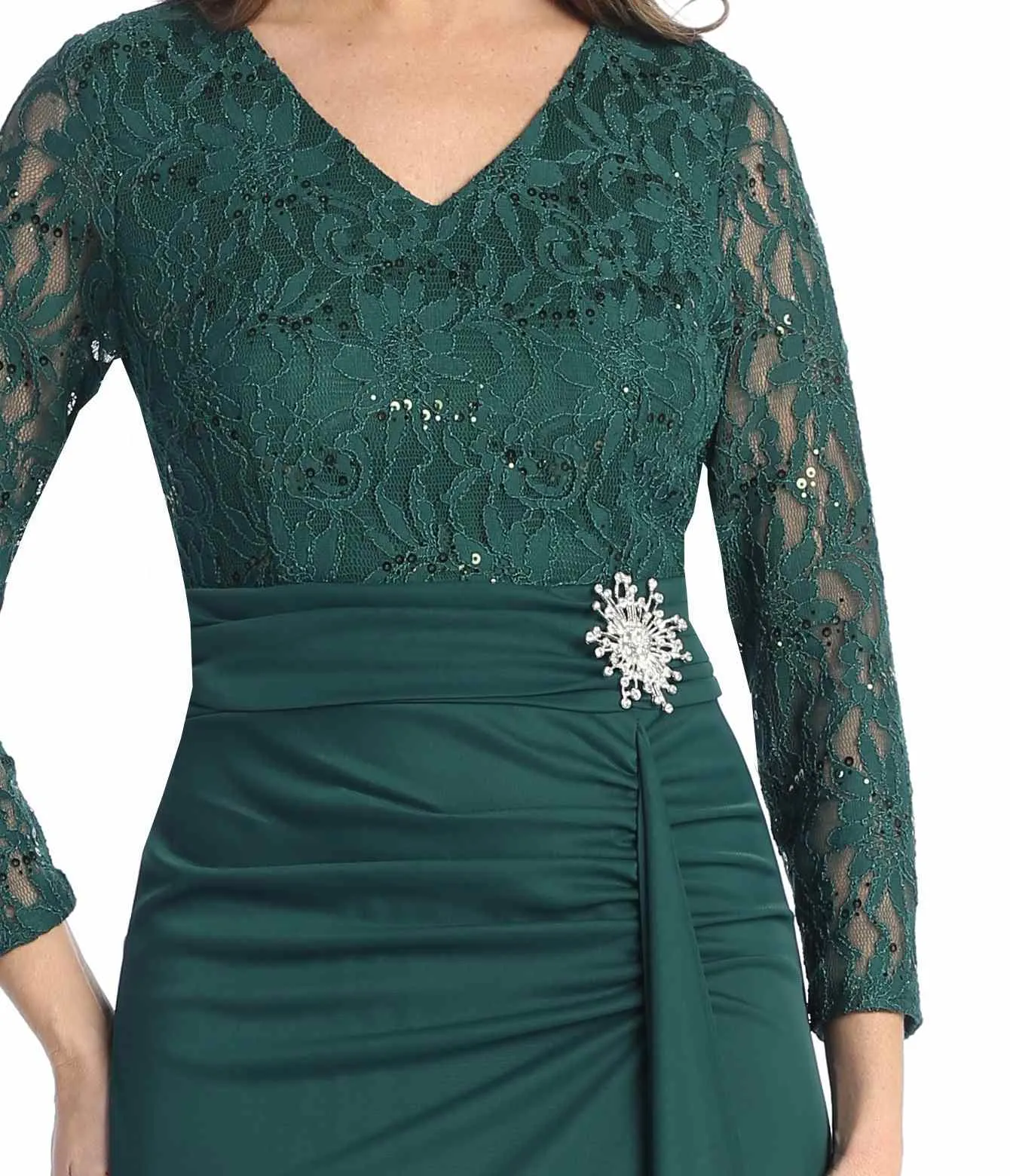 Celavie 6549-L Lace Long Sleeve V-Neck Ruffled Dress with Brooch