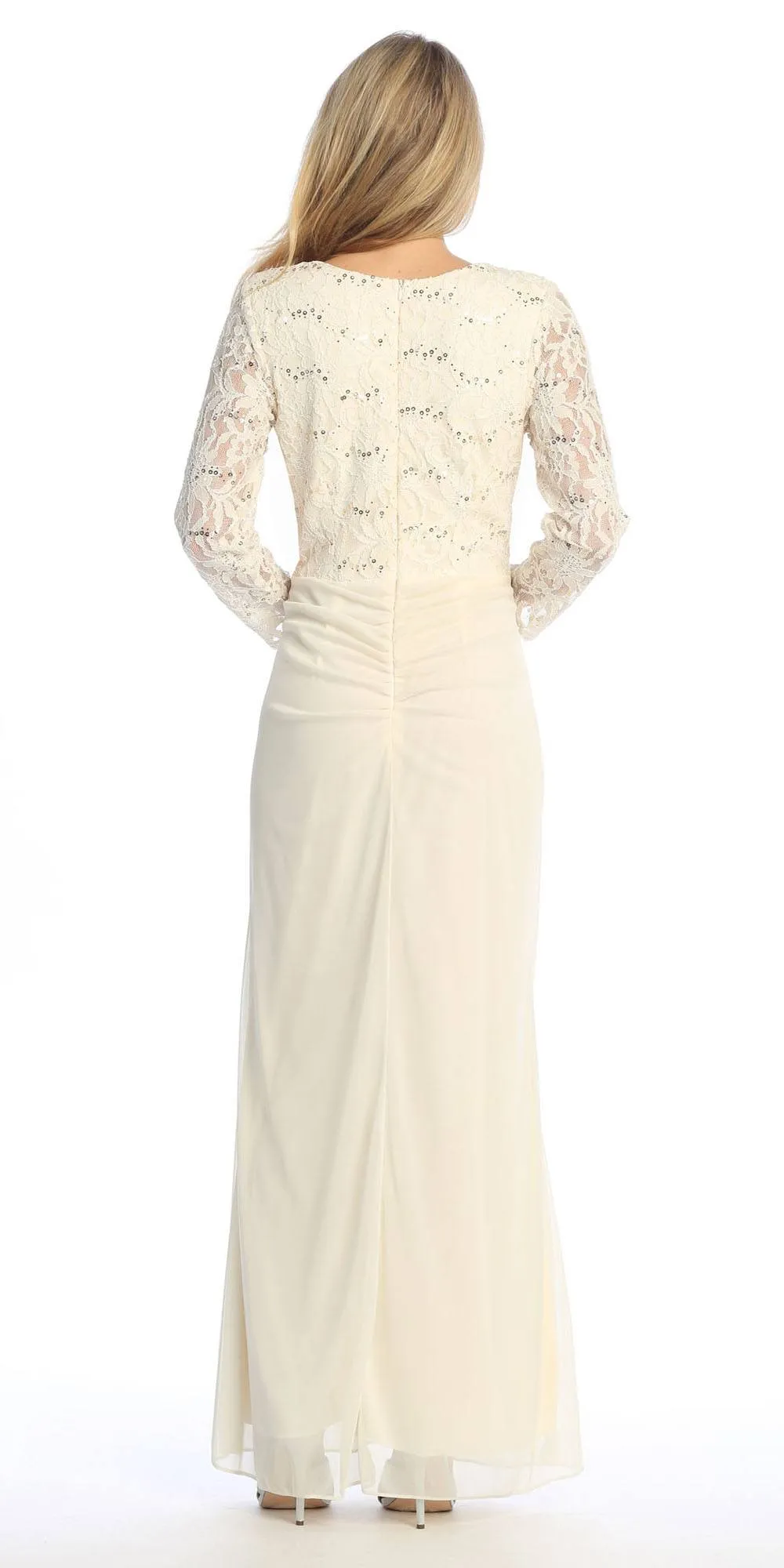 Celavie 6549-L Lace Long Sleeve V-Neck Ruffled Dress with Brooch