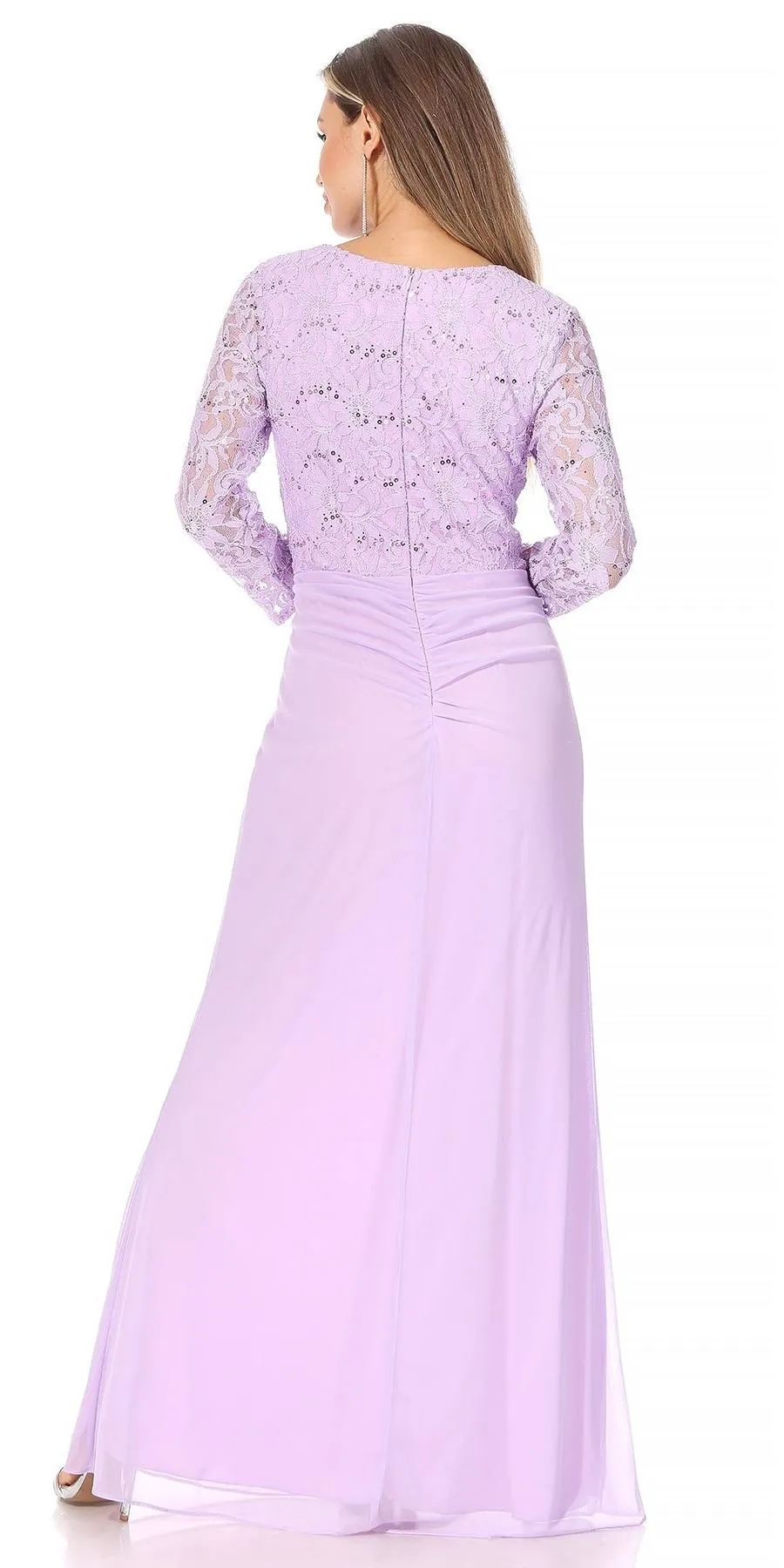 Celavie 6549-L Lace Long Sleeve V-Neck Ruffled Dress with Brooch
