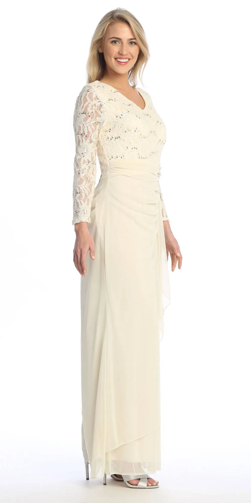 Celavie 6549-L Lace Long Sleeve V-Neck Ruffled Dress with Brooch