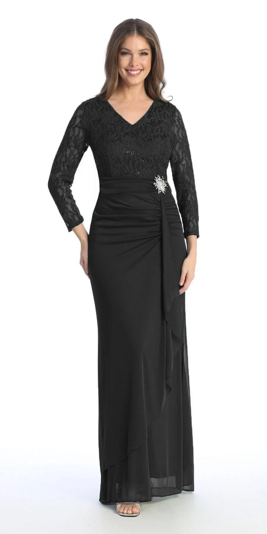 Celavie 6549-L Lace Long Sleeve V-Neck Ruffled Dress with Brooch