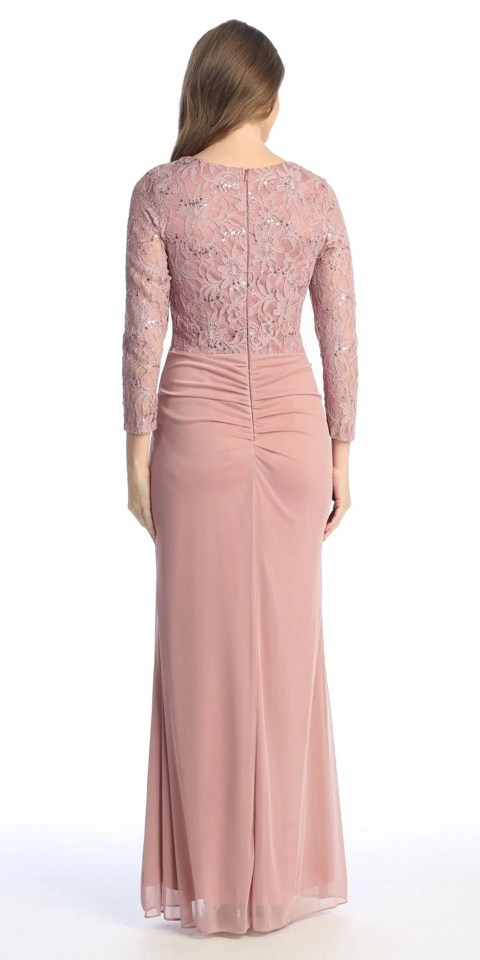 Celavie 6549-L Lace Long Sleeve V-Neck Ruffled Dress with Brooch